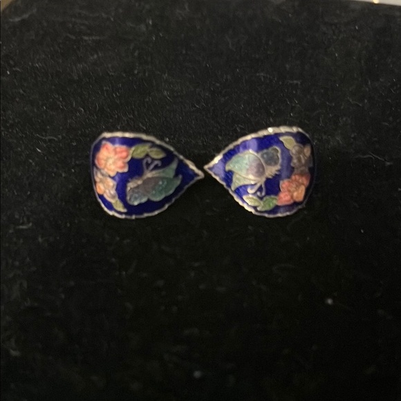Cloisonné Blue Floral Enamel Earrings - Picture 1 of 3